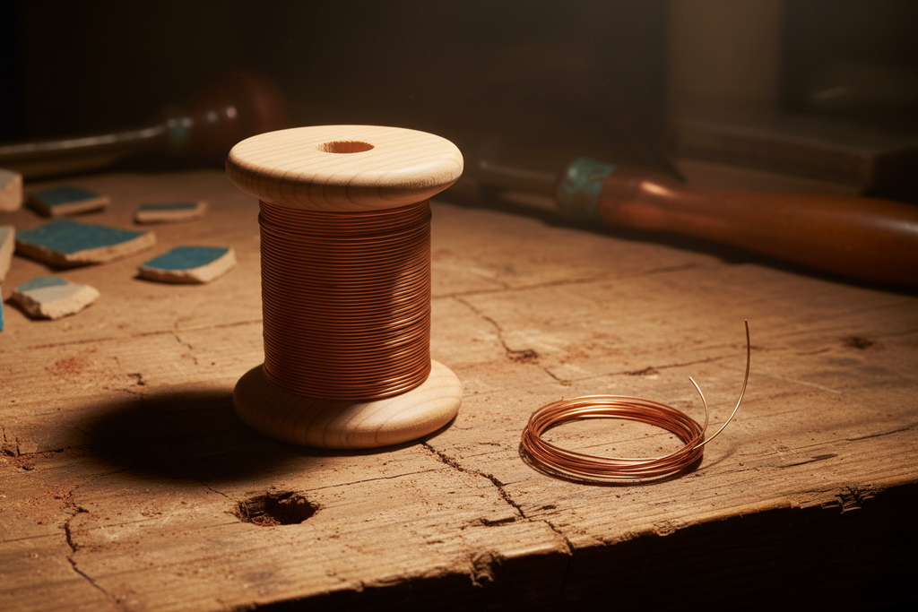 Magnet wire spool with unwound copper wire coil on workbench