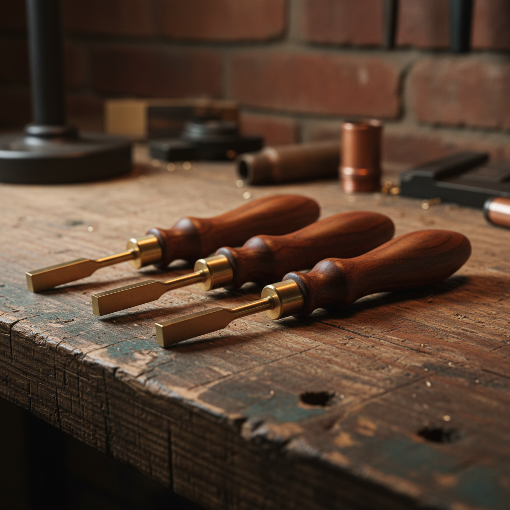 Close-up of three brass drifts with turned walnut handles