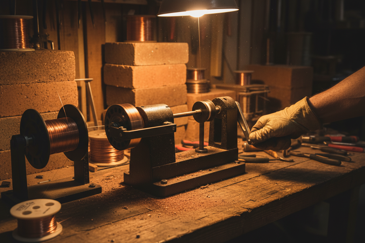 Hand cranking coil winder with copper wire being wound