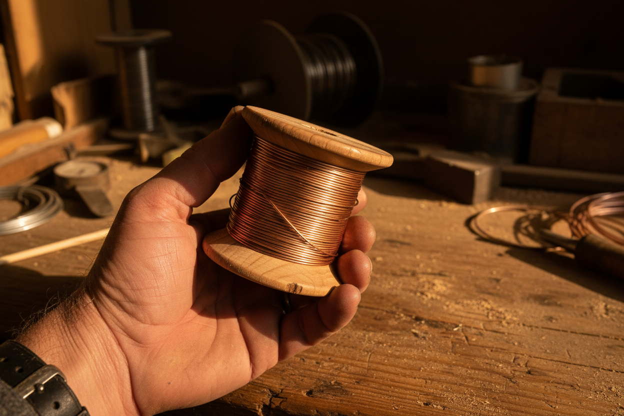 Magnet wire spool held in hand showing scale