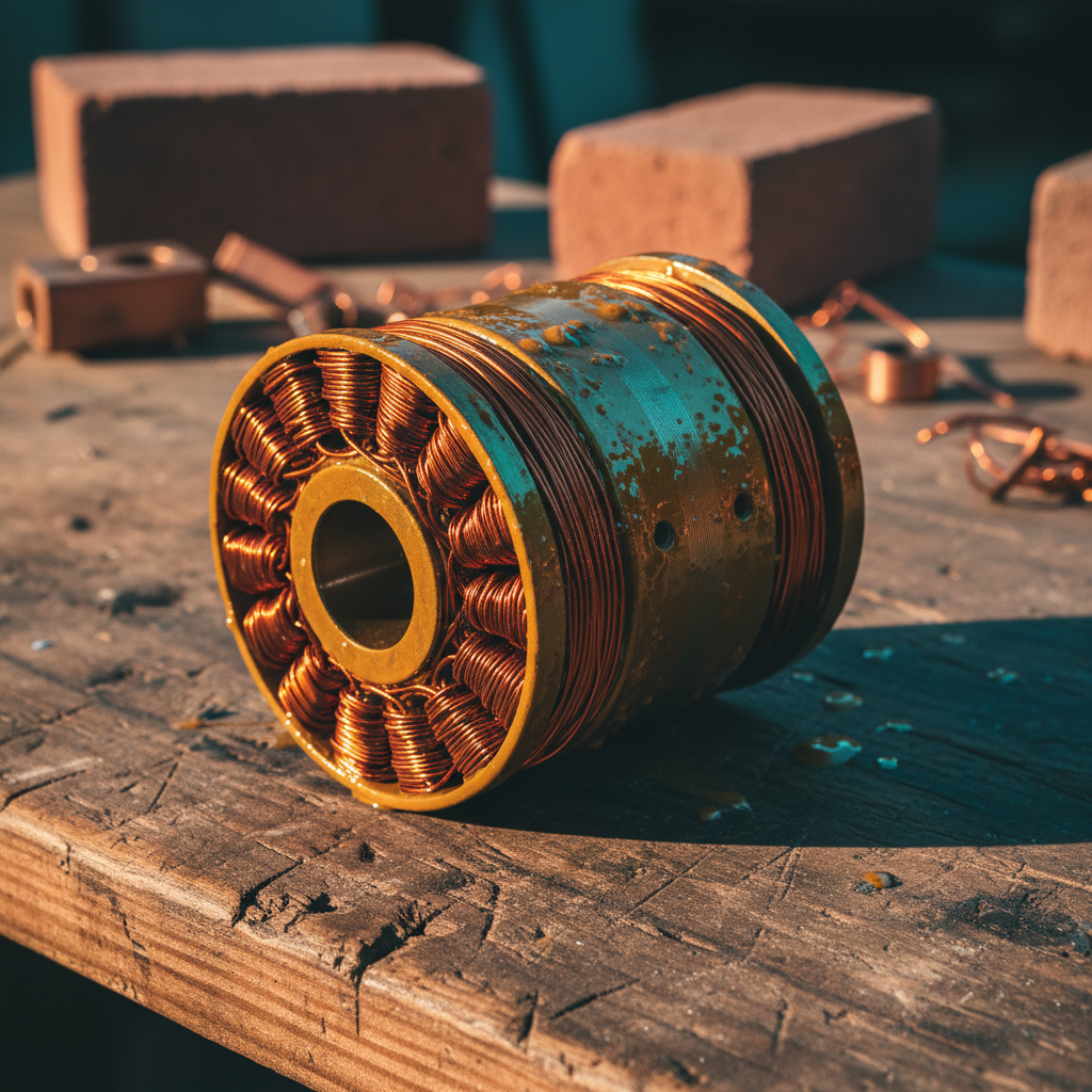 Close-up of varnished copper coil windings on stator