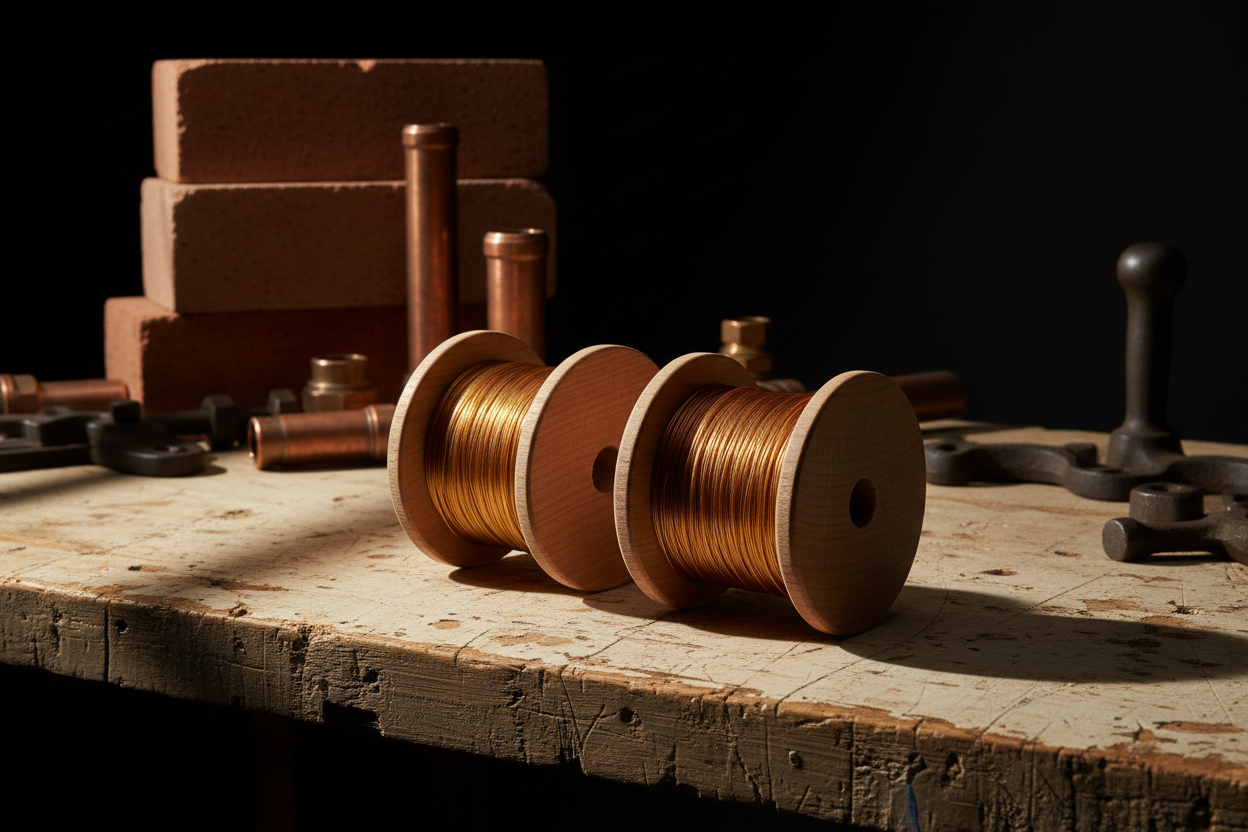 Two magnet wire spools on workbench