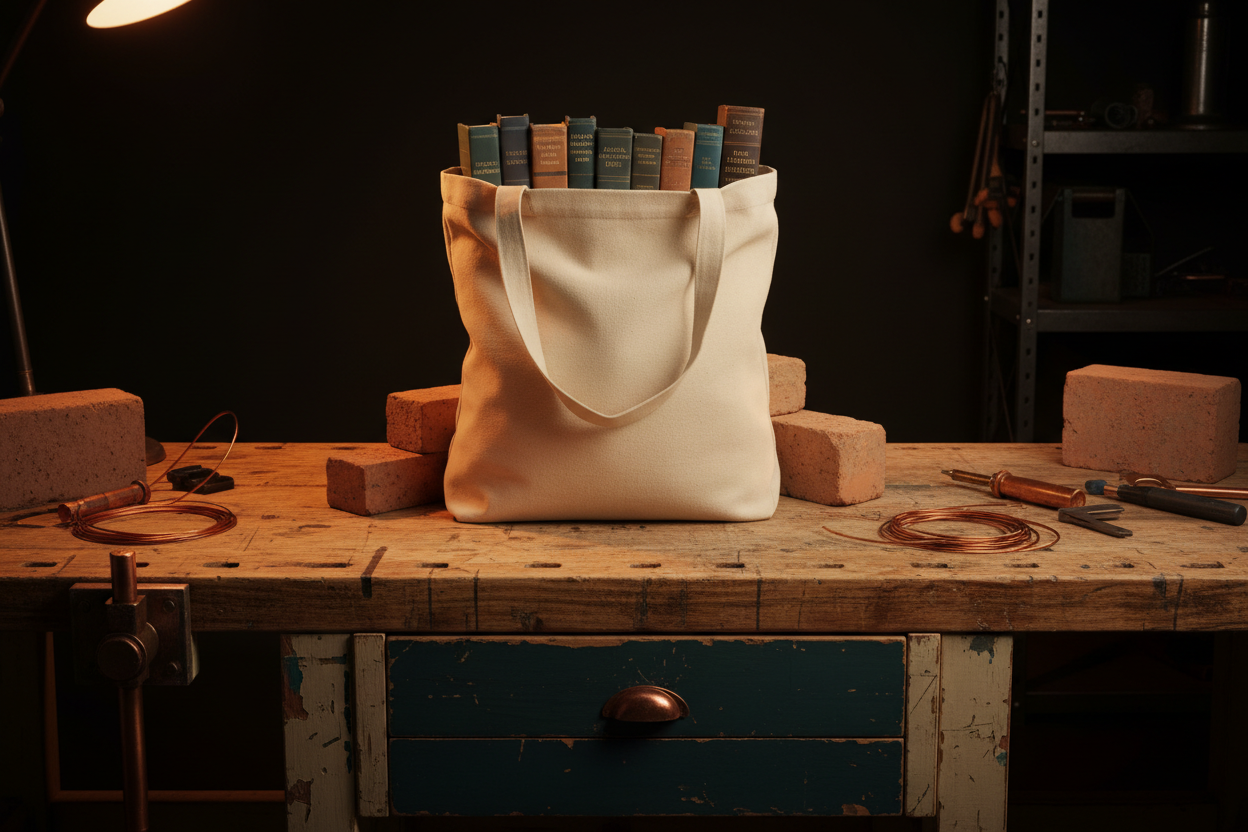 Seven books loaded in cotton tote bag on workbench