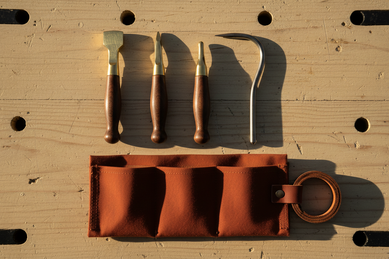 Brass slot drift and pick set flat lay with waxed canvas roll case