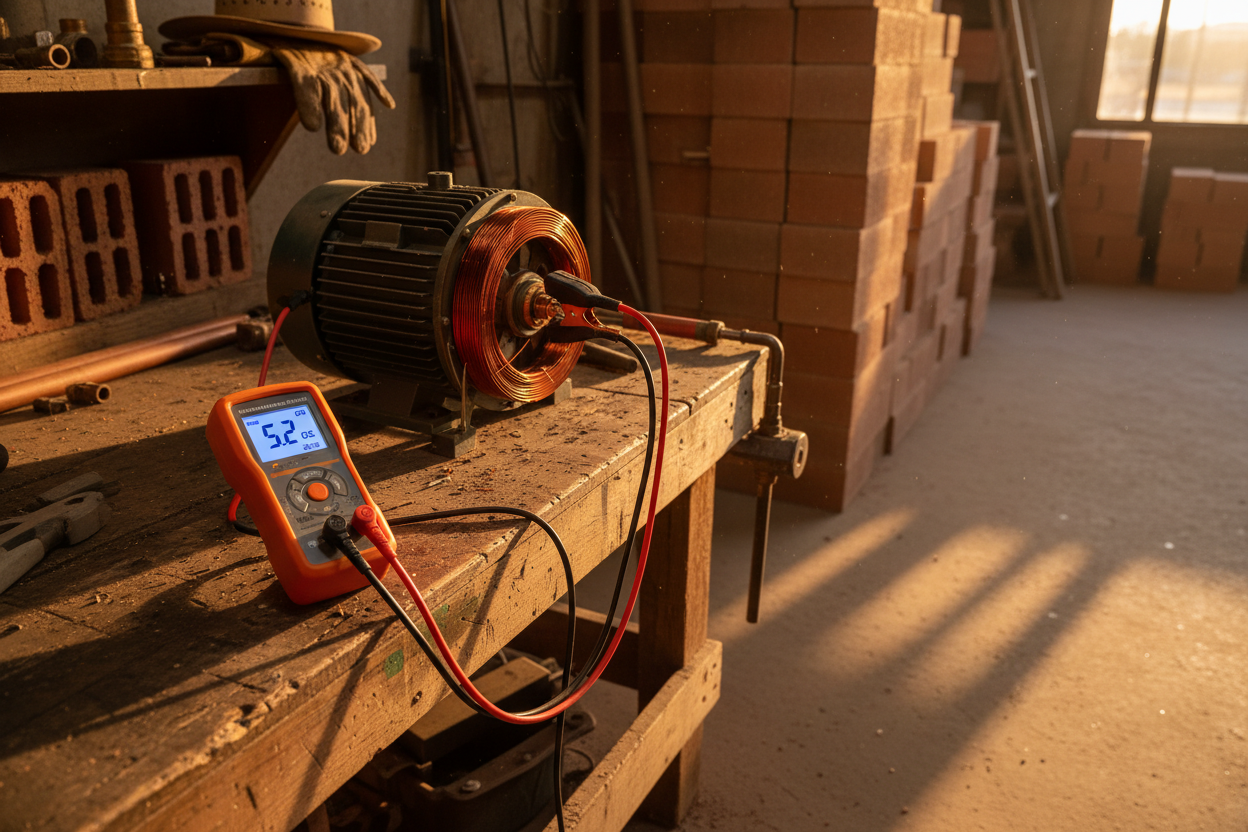 Tester connected to rewound motor with alligator clips