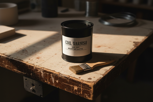 8 oz coil varnish tin with brush on workbench