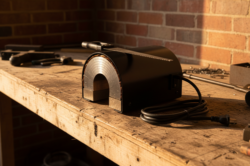 Bench stator growler 120V on workbench with hacksaw blade