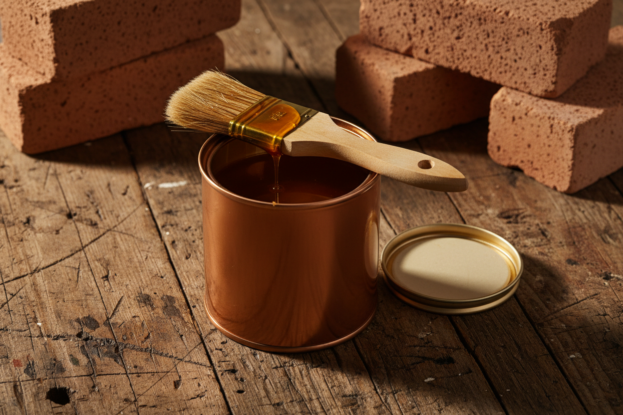 Open varnish tin showing amber liquid with brush