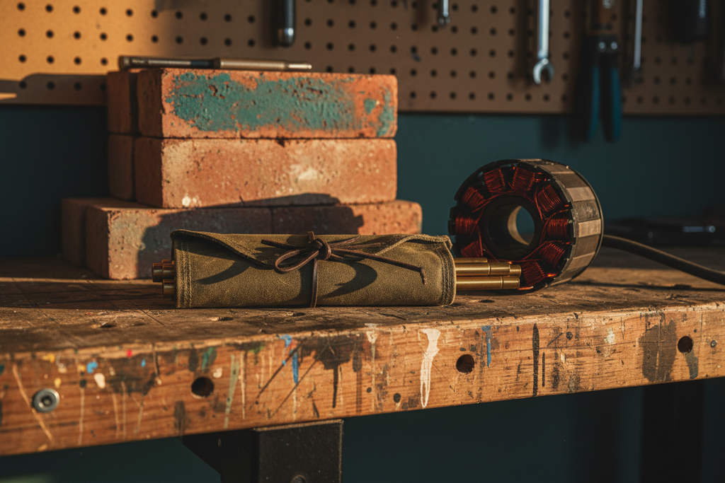 Roll case tied closed beside motor stator on workbench