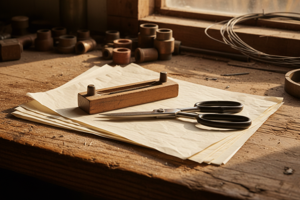 Boxwood creasing tool and curved trim scissors on Nomex paper