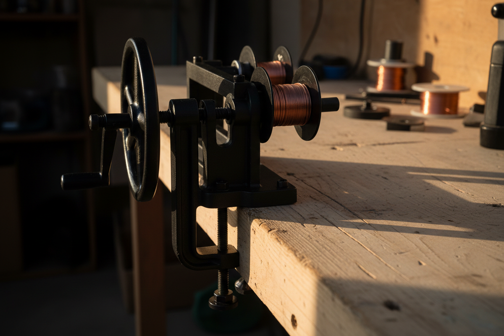 Coil winder bench clamp mechanism side view