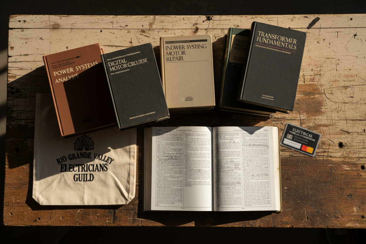 Full library flat lay with books, master index, and cotton tote on workbench