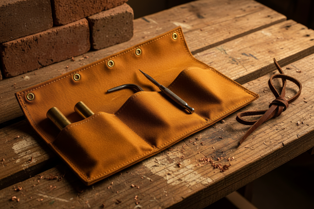 Waxed canvas roll-up case unrolled showing pockets and tools