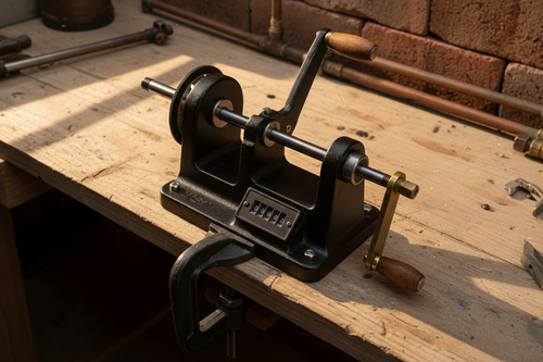 Bench coil winder hand-crank full view on workbench