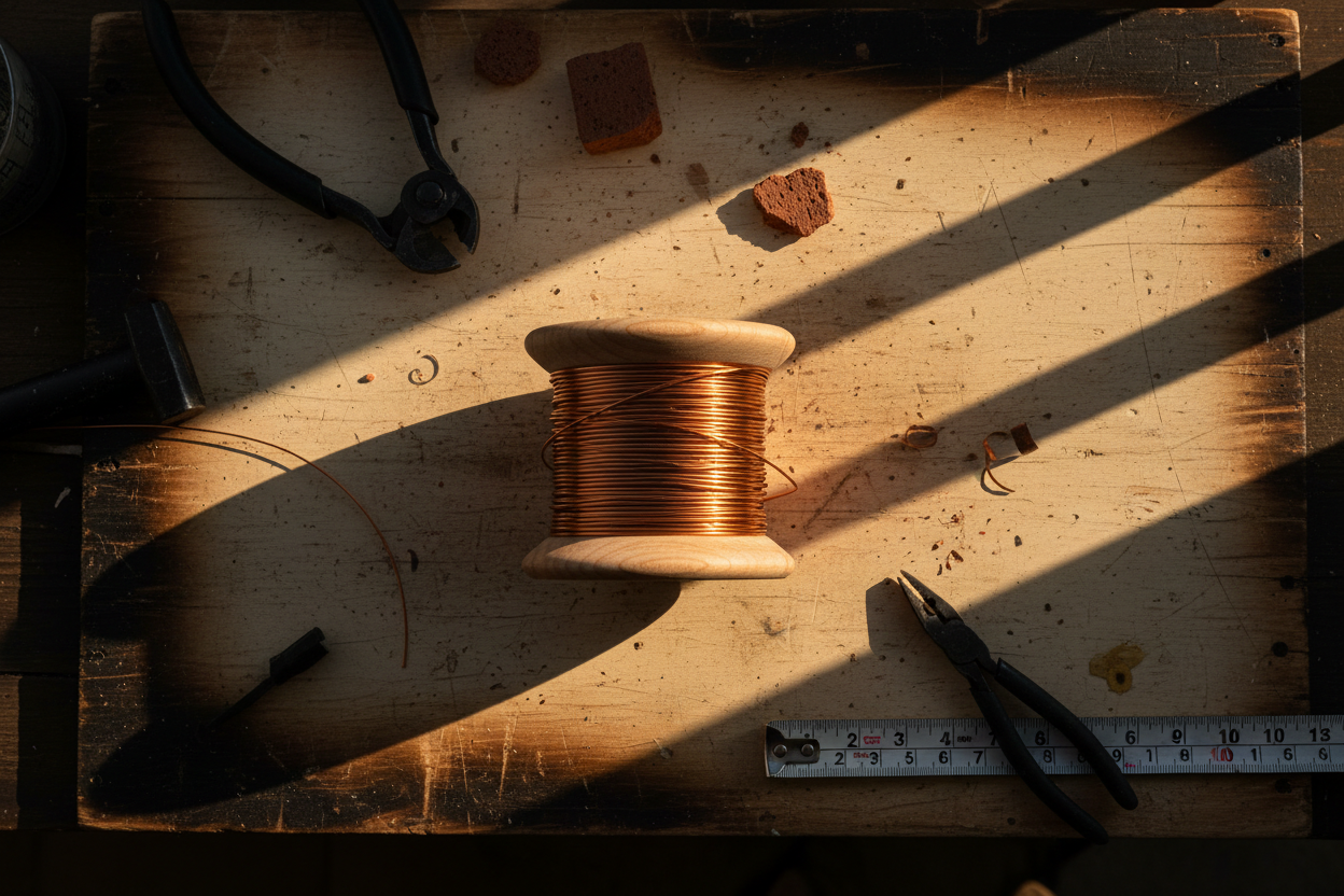 Hand-wound 22 AWG magnet wire spool on alder wood bobbin, flat lay on workbench