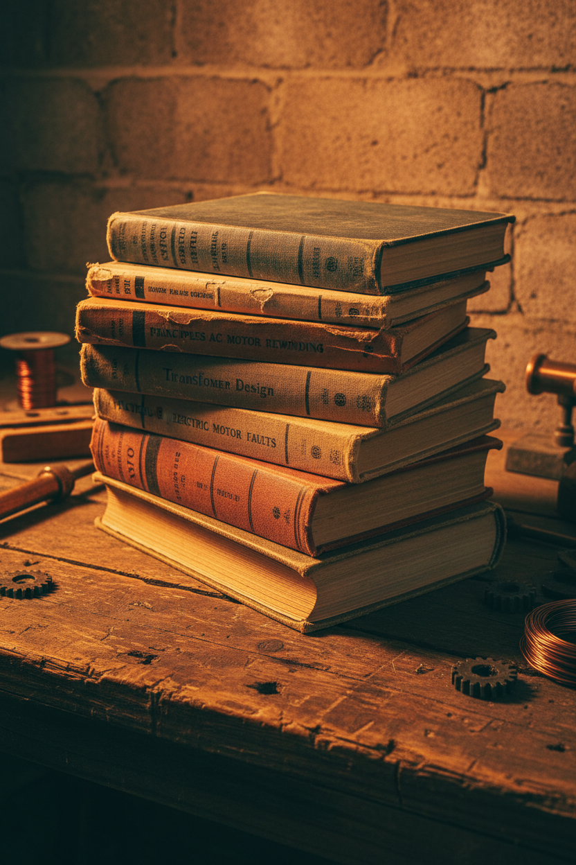 Seven reference books stacked showing spines