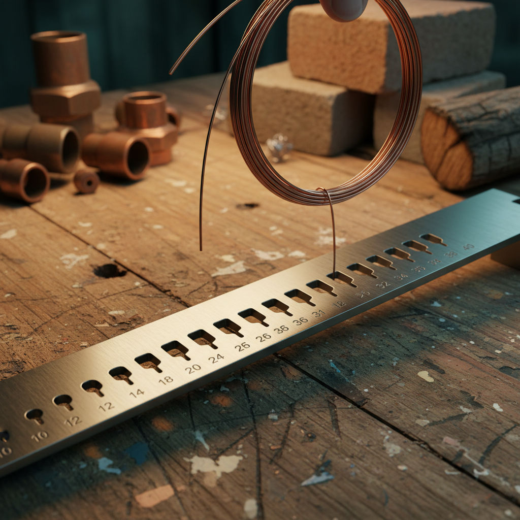 AWG cutouts on caliper spine with stripped wire being gauged