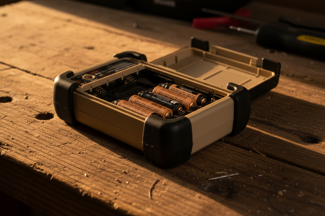 Battery compartment open showing 6 AA batteries