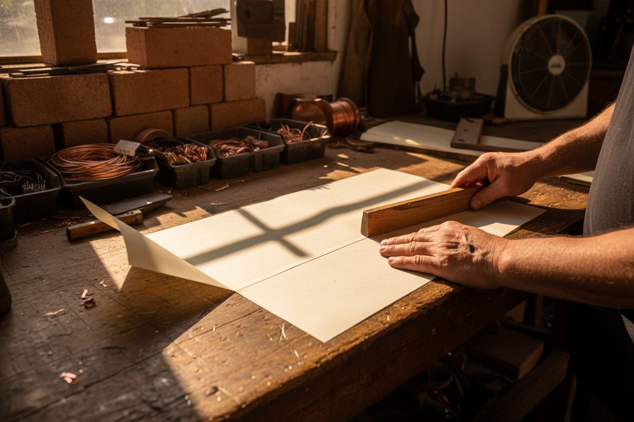 Hands using boxwood creasing tool to fold Nomex slot liner