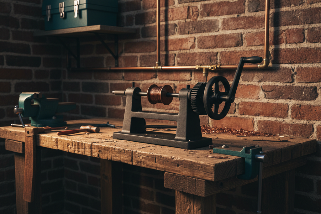Coil winder with finished coil on spindle