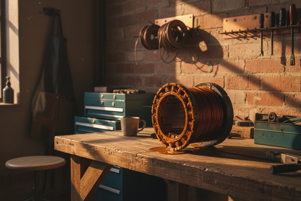 Varnished stator drying on workbench