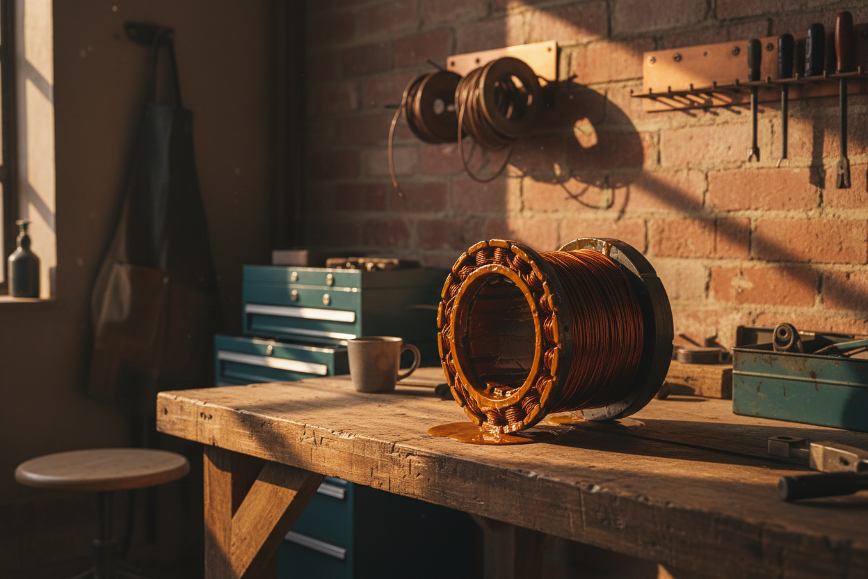 Varnished stator drying on workbench