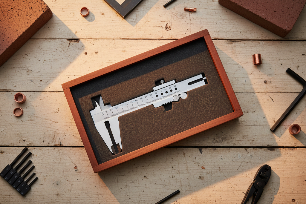 Stainless calipers in cherry box with foam insert on workbench