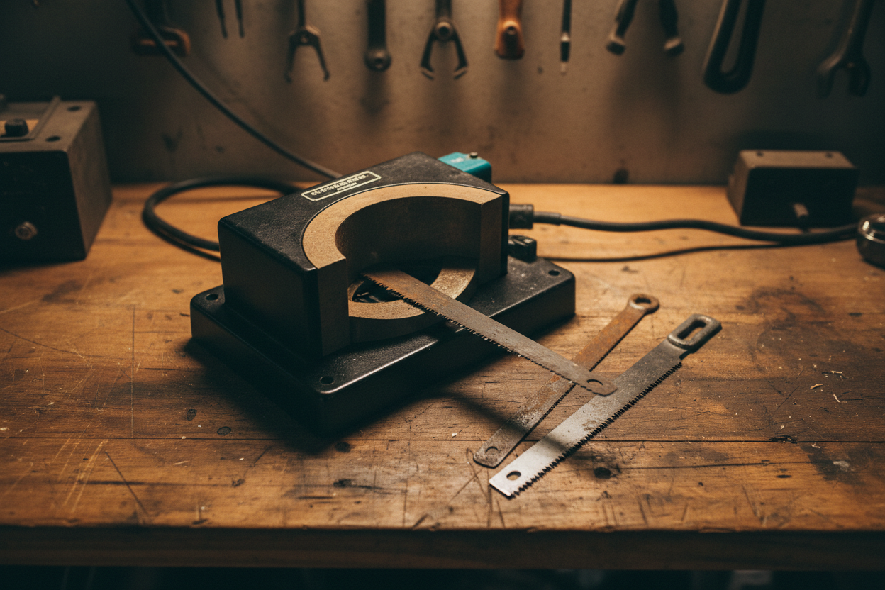 Growler with two hacksaw blades flat lay on workbench