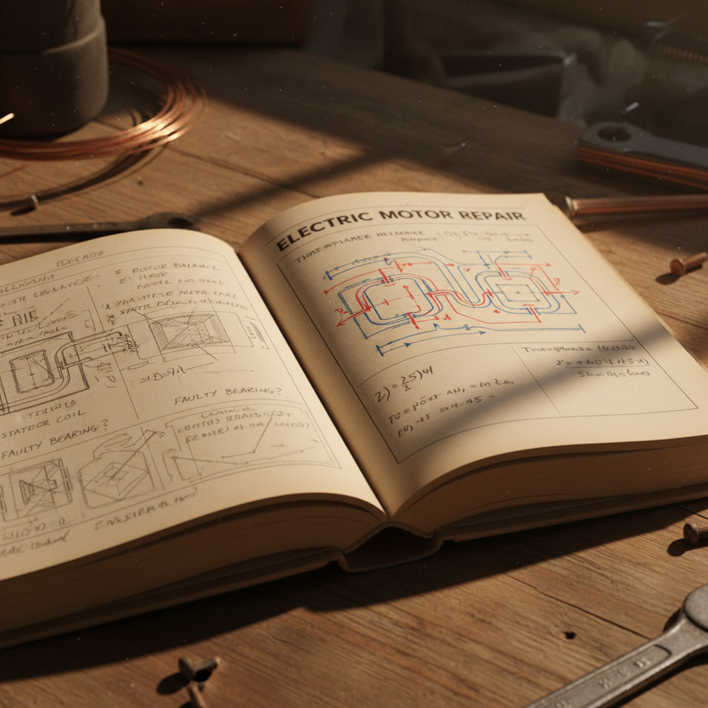 Open motor repair book with winding diagrams and pencil annotations